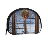Mini sac de rangement portable en polyester imprimé avec fenêtre d'hiver en forme de coquille, petit portefeuille pour pièces de monnaie, sac de rangement, Noir , Taille unique