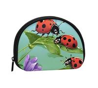 Mini sac de rangement portable en polyester imprimé coccinelle et feuilles vertes en forme de coquillage pour pièces de monnaie, Noir , Taille unique