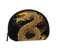 Mini sac de rangement portable en polyester imprimé dragon jaune doré chinois en forme de coquillage petit portefeuille de monnaie sac de rangement, Noir , Taille unique