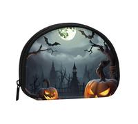 Mini sac de rangement portable en polyester imprimé en forme de coquillage pour Halloween, motif lune, chauve-souris, citrouille, sac de rangement, Noir , Taille unique