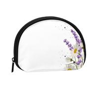 Mini sac de rangement portable en polyester imprimé fleur de lavande en forme de coquillage petit portefeuille pour pièces de monnaie, Noir , Taille unique