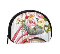 Mini sac de rangement portable en polyester imprimé fleur de vélo en forme de coquillage petit portefeuille de monnaie sac de rangement, Noir , Taille unique