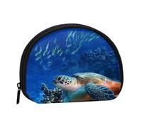 Mini sac de rangement portable en polyester imprimé tortue de mer avec poissons en forme de coquillage, Noir , Taille unique