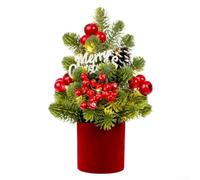 Mini sapin de Noël artificiel pour décoration d'intérieur festive, avec branches et pommes de pin d'aspect naturel, pré-assemblé pour un placement facile (rouge)