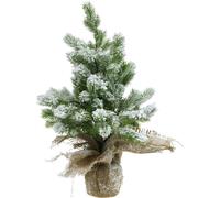 Mini sapin de Noël hivernal dans un sac en jute, blanc enneigé Ø25cm H42cm