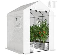 Mini-serre Outsunny avec potager surélevé, 142 cm x 142 cm x 190 cm, serre galvanisée accessible avec porte et fenêtres à enrouler, serre d'extérieur pour fleurs et légumes, blanche