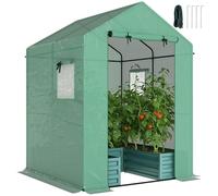 Mini-serre Outsunny avec potager surélevé, 142 cm x 142 cm x 190 cm, serre galvanisée accessible avec porte et fenêtres à enrouler, serre d'extérieur pour fleurs et légumes, verte