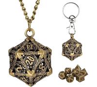 Mini Set De Dés Dnd Avec Porte Clés Portable,Collier,Cage Métallique Creuse En D20 Dragon,Mini Set Polyédrique En Métal De 7 Pièces,Accessoires De Jeux De Société De Rôle,Bronze