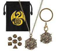 Mini Set de Dés DND avec Porte Clés Portable, Collier, Cage Métallique Creuse en D20, Polyédrique en Métal de 7 Pièces Dés, Cadeaux D&D avec Sacs Cadeau, Accessoires de Jeux de Société de Rôle, Bronze