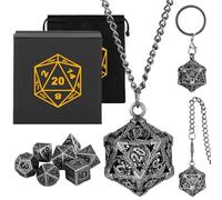 Mini Set de Dés DND avec Porte Clés Portable, Collier, Chaîne de Poche, Cage Métallique Creuse en D20 Dragon, Mini Set Polyédrique en Métal de 7 Pièces, Cadeaux D&D avec Boîte Cadeau, Argent Foncé