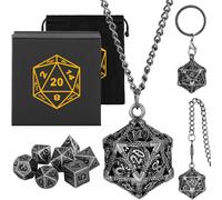 Mini Set De Dés Dnd Avec Porte Clés Portable,Collier,Chaîne De Poche,Cage Métallique Creuse En D20 Dragon,Mini Set Polyédrique En Métal De 7 Pièces,Cadeaux D&d Avec Boîte Cadeau,Argent Foncé