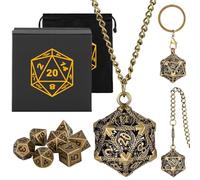 Mini Set de Dés DND avec Porte Clés Portable, Collier, Chaîne de Poche, Cage Métallique Creuse en D20 Dragon, Mini Set Polyédrique en Métal de 7 Pièces, Cadeaux D&D avec Boîte Cadeau, Bronze