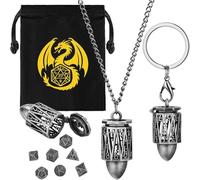 Mini Set de Dés DND, Porte Clés Portable, Collier, Cage Creuse en D20 Forme de Balle, Polyédrique en Métal de 7 Pièces Dés, Cadeaux D&D avec Sacs Cadeau, Accessoires de Jeux de Société de Rôle, Argent