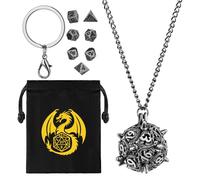Mini Set de Dés DND, Porte Clés Portable, Collier, Cage Métallique Creuse D20, Polyédrique en Métal de 7 Pièces Dés, Cadeaux D&D avec Sacs Cadeau, Accessoires de Jeux de Société de Rôle, Argent Foncé