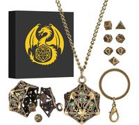 Mini Set De Dés Dnd,Porte-Clés Portable,Collier,D20 Creux En Diamant Vert Cage,Polyédrique En Métal De 7 Pièces Dés,Cadeaux D&d Avec Boîte Cadeau,Accessoires De Jeux De Société De Rôle,Bronze