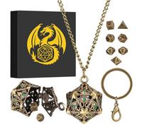 Mini Set de Dés DND, Porte-clés Portable, Collier, D20 Creux en Diamant Vert Cage, Polyédrique en Métal de 7 Pièces Dés, Cadeaux D&D avec Boîte Cadeau, Accessoires de Jeux de Société de Rôle, Bronze