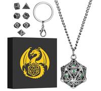 Mini Set de Dés DND, Porte-clés Portable, Collier, D20 Creux en Diamant Vert Cage, Polyédrique en Métal de 7 Pièces Dés, Cadeaux D&D avec Boîte Cadeau, Accessoires de Jeux de Société de Rôle, Argent