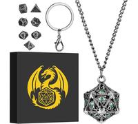 Mini Set De Dés Dnd,Porte-Clés Portable,Collier,D20 Creux En Diamant Vert Cage,Polyédrique En Métal De 7 Pièces Dés,Cadeaux D&d Avec Boîte Cadeau,Accessoires De Jeux De Société De Rôle,Argent