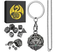 Mini Set de Dés DND, Porte-clés Portable, Collier, D20 Sphérique en Diamant Vert Cage, Polyédrique en Métal de 7 Pièces Dés, Cadeaux D&D avec Boîte, Accessoires de Jeux de Société de Rôle, Argent