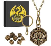 Mini Set De Dés Dnd,Porte-Clés Portable,Collier,D20 Sphérique En Diamant Vert Cage,Polyédrique En Métal De 7 Pièces Dés,Cadeaux D&d Avec Boîte,Accessoires De Jeux De Société De Rôle,Bronze
