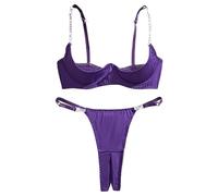 Mini short de lingerie pour femme - Costume de jeu de rôle - Tenue bralette 3 pièces avec bonnets ouverts et pasties pour la maison - Lingerie de danse du ventre - Violet - Taille XL