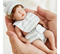 Mini silicone bébé poupée de 6 pouces de la peau douce mini-poupées réalistes avec un chapeau et des vêtements bande bleu blanc pour les parents novices, les jouets pour enfants, les accessoires d