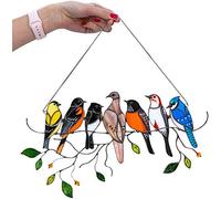 mini stained bird window hanging suncatcher,Stained Glass Window Projection Panel Pendant,spring birds variety stained glass window panel,4/7 Birds on a Wire Home Decor (7 birds)
