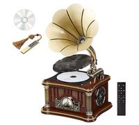 Mini tourne-disque vintage avec télécommande, son surround, lecture USB/FM, design en bois massif pour décoration d'intérieur