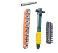 Mini tournevis à cliquet avec double tête : ensemble de 10 embouts + 9 douilles et tige d'extension, poignée ergonomique à prise en main douce, clé portable compacte (1)