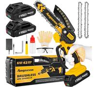 Mini Tronçonneuse Brushless 6 Inch, Scie Électrique Sans Fil avec 2 Batteries et Chaînes, Petite Tronçonneuse avec Verrou de Sécurité pour la Coupe du Bois et l'Élagage des Arbres, Adaptée aux Séniors