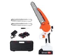 Mini tronçonneuse pour découpe de jardin, électrique sans fil avec 2 x 2000mAh Batterie rechargeable, plaque guidage 8 pouces scie à arbre main la coupe d'arbre en Orange