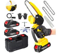 Mini tronçonneuse sans fil 6"" 21V 600W - pack 2 batteries 2.0Ah, 2 chaînes, chargeur, gants et lunettes