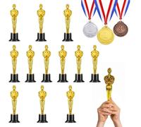 Mini Trophée des Enfants,Statuette en Or Personnalisée,Médailles en Bronze Doré Argenté avec Rubans,Médaille du Gagnant,12 Pièces Trophée en Plastique avec 3 Pièces Médailles en Métal Tokaneit