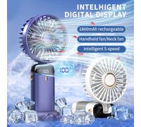 Mini ventilateur de cou portable avec support de téléphone et écran d'affichage, aste par USB, Gér5 Speed, 1800mAh Bleu