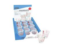 mini-verre doseur de 5 à 35ml en verre. Graduations en millilitre, centilitre, cuillère à café, cuillère à soupe et once. (diamètre : 5 cm, hauteur : 6 cm).