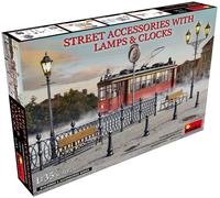 MiniArt MIN35639 1:35-Street Accessories w/Lamps & Clocks Scale Model kit, Molde