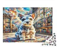 Miniature Poodle Papier Premium Yorkshire dans Ancienne bibliothèque avec vitraux Puzzle à Faire soi-même Anti-Stress éducatif 70x50cm/1000 pièces