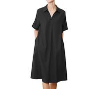 Minibee Robe Chemise en Lin pour Femme - Grande Taille - Col en V - Manches Courtes - Robe midi décontractée d'été, Noir, Taille L