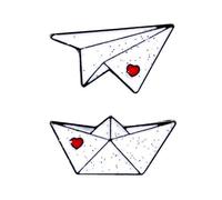 Miniblings lot de 2 papier bateau papier avion broche dépliant bateau Origami blanc coeur émaille plan de la mer du navire maritime inscription à l'école - bijoux à la mode à la main I Bouton Pin Pins