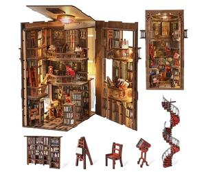 MiniCity Bibliothèque de l'Abbaye Book Nook DIY, Puzzle 3D en Bois avec LED | Bibliothèque d'abbaye de 410 pièces, LED, cache-poussière, escalier et balcon; colle, outils et notice, 8-10 h, dès 14 ans.
