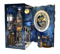 MiniCity Book Nook Puzzle 3D en bois pour étagère Motif château d'étoiles | Château étoilé avec roue du zodiaque rotatif, LED et tour gothique; 377 pièces et housse anti-poussière