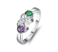 Minicremation Bague de crémation pour cendres personnalisée avec infini pour femme avec 2 pierres de naissance rondes simulées gravées personnalisées, Acier inoxydable, Zircone cubique