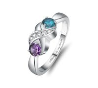 Minicremation Bague de crémation pour cendres personnalisée avec infini pour femme avec 2 pierres de naissance rondes simulées gravées personnalisées, Acier inoxydable, Zircone cubique