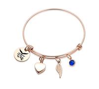 Minicremation - Bracelet de crémation pour cendres avec jonc extensible, pierre de naissance et charme avec ailes d'ange en forme de cœur - Bracelet souvenir commémoratif pour cendres pour femmes