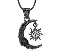 Minicremation Collier funéraire en forme de croissant de soleil et de lune pour cendres, croissant de lune, rose, bijou de crémation pour homme et femme, Acier inoxydable, Zircone cubique