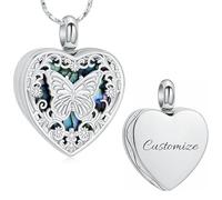 Minicremation Collier urne en forme de papillon en forme de cœur pour cendres - Bijoux funéraires en ormeau - Souvenir pour les êtres chers - Pour homme et femme, Acier inoxydable, Pas de gemme