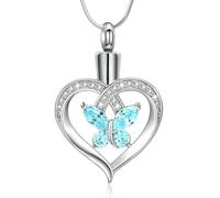 Minicremation Collier urne funéraire en forme de cœur pour cendres pour femme - Bijou de crémation papillon avec pierre de naissance - Médaillon en cristal - Pendentif commémoratif pour un être cher