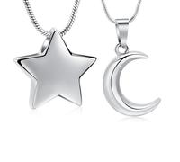 Minicremation Lot de 2 pendentifs urne funéraire en forme de lune et d'étoile en acier inoxydable avec outil de remplissage, Acier inoxydable, Pas de gemme
