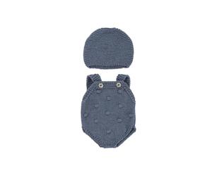 Miniland - Ensemble de vêtements en Tricot recyclé pour poupée de 32 cm Miniland Dolls - Barboteuse et Bonnet Bleu