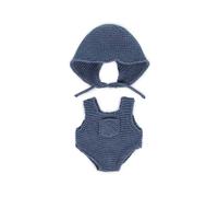 Miniland Tenue tricotée pour poupée 21 cm - Barboteuses et capuche, matériaux recyclés - Bleu